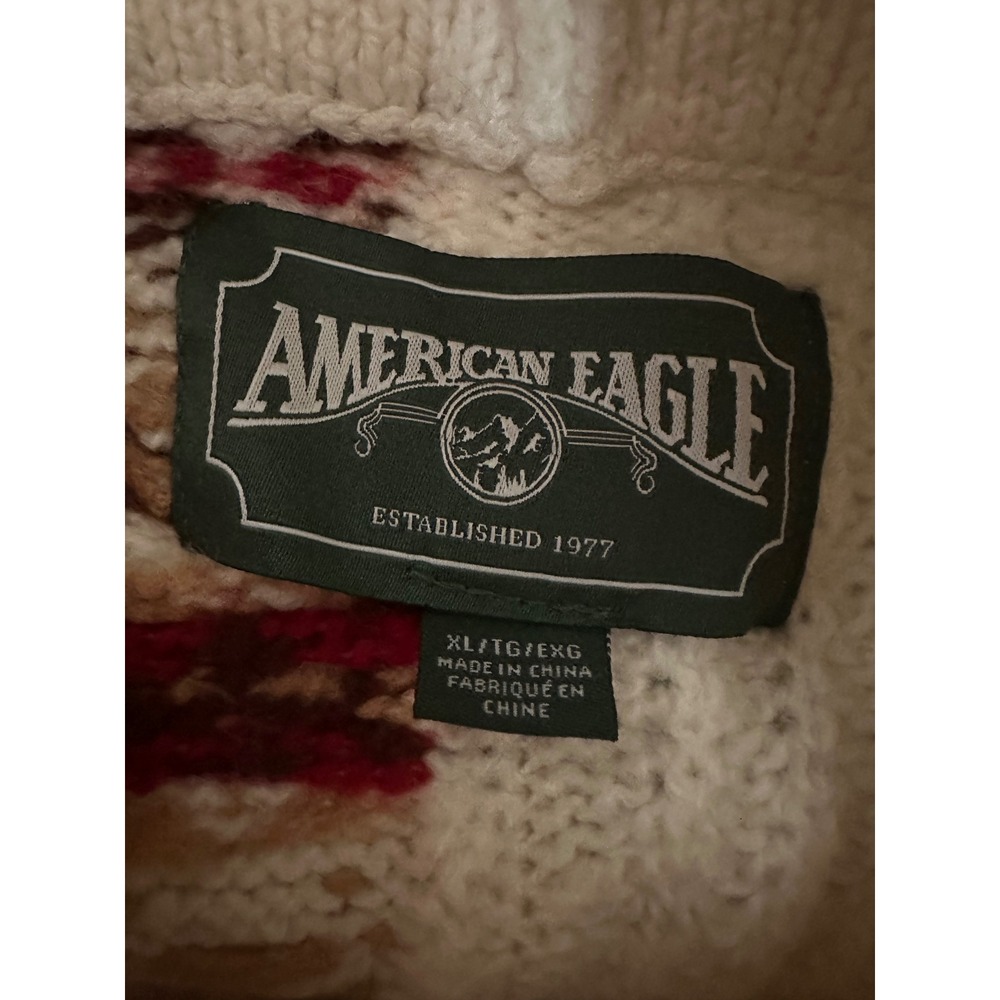American Eagle Patchwork Fair Isle Cable Knit Sweater XL Cream Red Snowflake - Picture 5 of 6